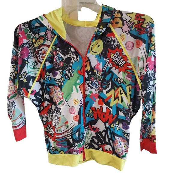 Colorful Graphic Print Hoodie Jacket With Yellow Hood & Red Accents For Kids Fro - Picture 1 of 5